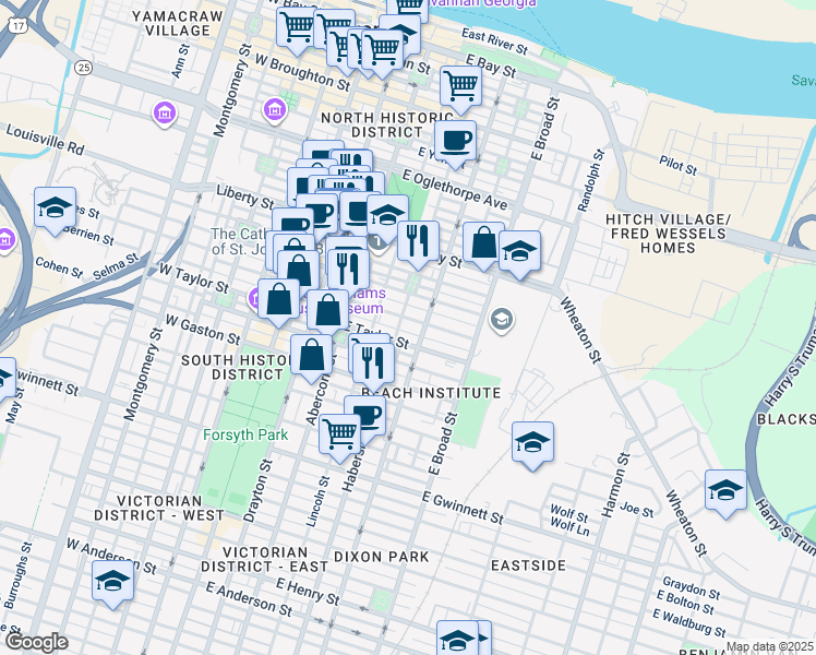 map of restaurants, bars, coffee shops, grocery stores, and more near 409 East Jones Street in Savannah