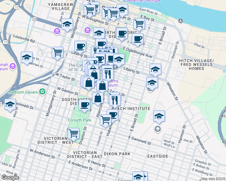 map of restaurants, bars, coffee shops, grocery stores, and more near 217 East Jones Street in Savannah