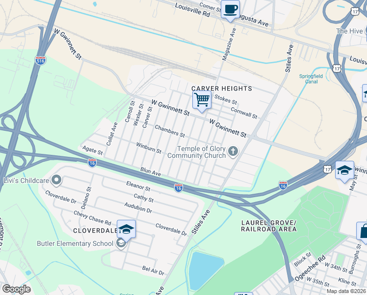 map of restaurants, bars, coffee shops, grocery stores, and more near 903 Crosby Street in Savannah
