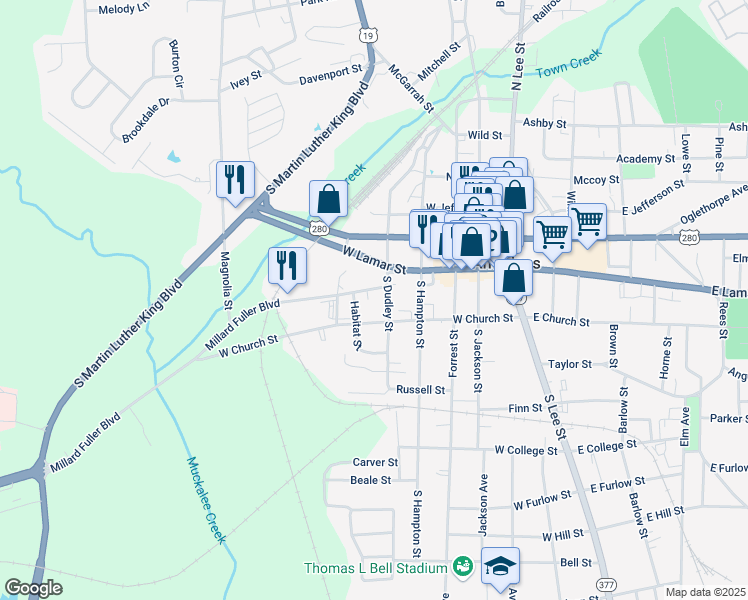 map of restaurants, bars, coffee shops, grocery stores, and more near 512 Millard Fuller Boulevard in Americus