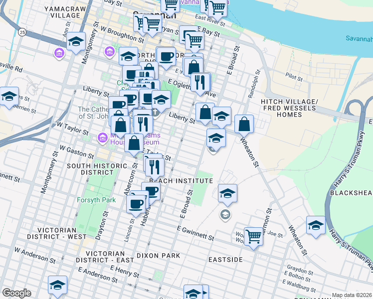 map of restaurants, bars, coffee shops, grocery stores, and more near 507 East Charlton Street in Savannah