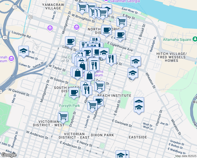 map of restaurants, bars, coffee shops, grocery stores, and more near 217 East Jones Street in Savannah