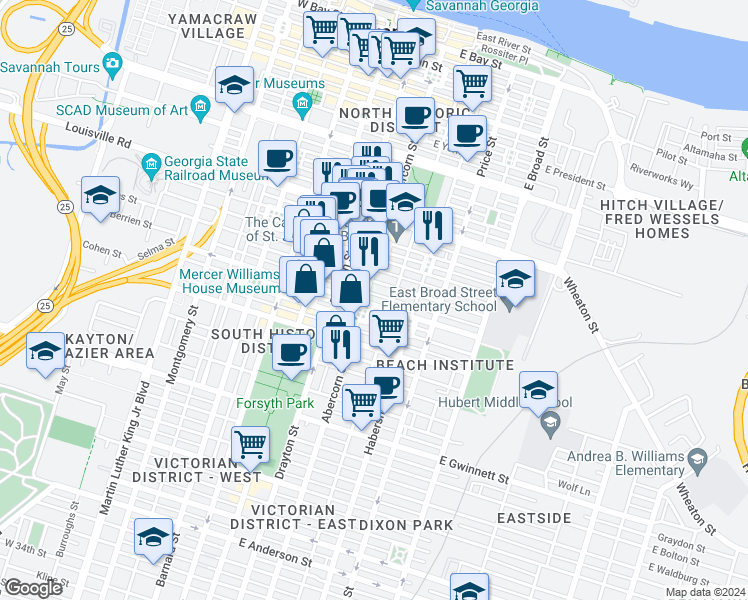 map of restaurants, bars, coffee shops, grocery stores, and more near 208 East Taylor Street in Savannah