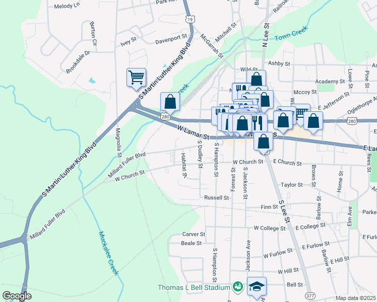 map of restaurants, bars, coffee shops, grocery stores, and more near 516 Millard Fuller Boulevard in Americus