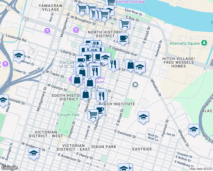 map of restaurants, bars, coffee shops, grocery stores, and more near 320 East Jones Street in Savannah