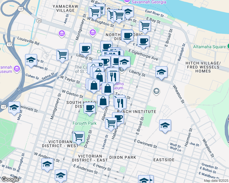 map of restaurants, bars, coffee shops, grocery stores, and more near 217 East Jones Street in Savannah