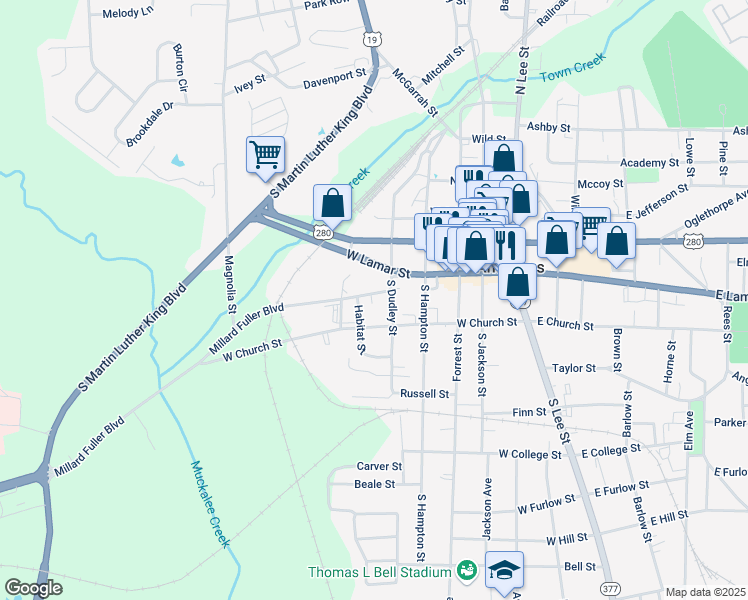 map of restaurants, bars, coffee shops, grocery stores, and more near 512 Millard Fuller Boulevard in Americus