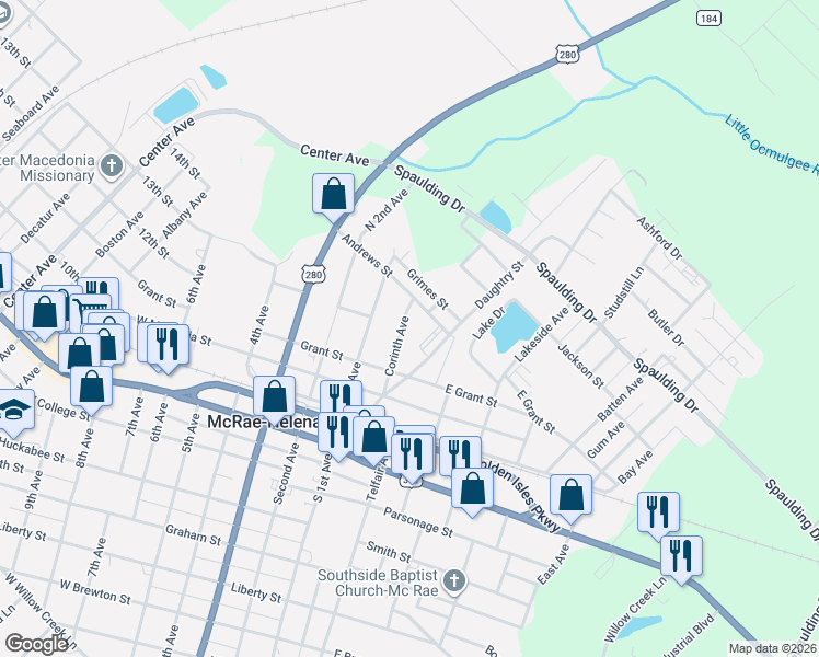 map of restaurants, bars, coffee shops, grocery stores, and more near 408 Corinth Avenue in McRae-Helena