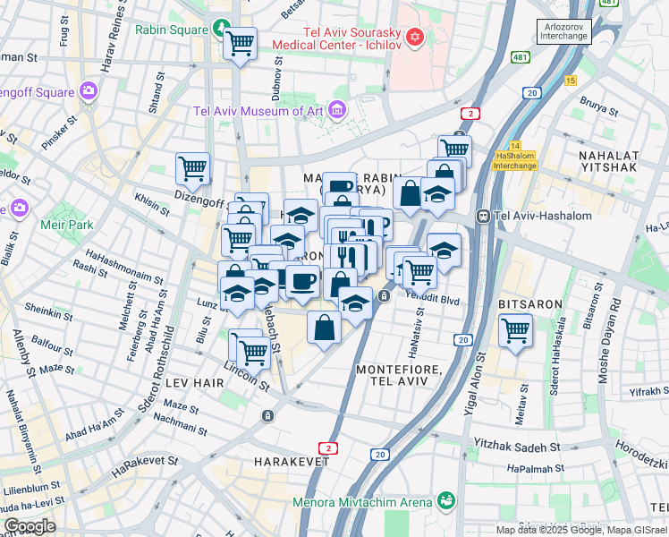 map of restaurants, bars, coffee shops, grocery stores, and more near 24 Arania Osvaldo Street in Tel Aviv-Yafo