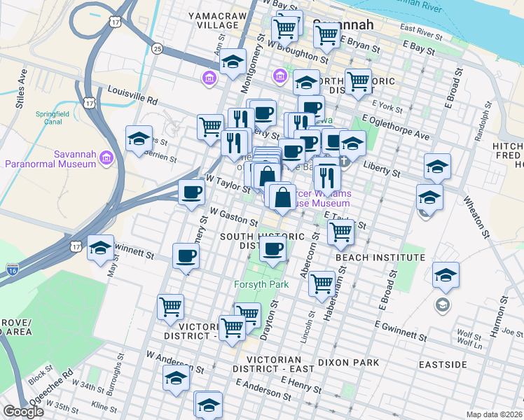 map of restaurants, bars, coffee shops, grocery stores, and more near in Savannah