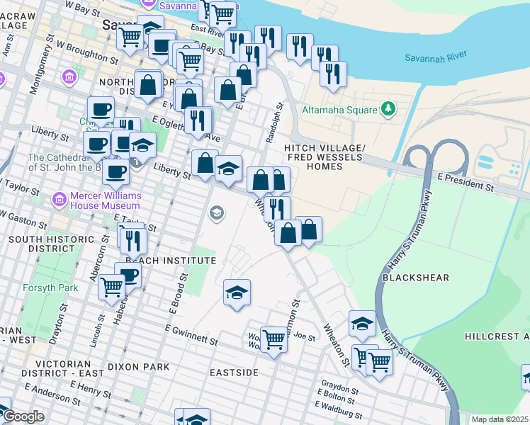 map of restaurants, bars, coffee shops, grocery stores, and more near 732 Wheaton Street in Savannah