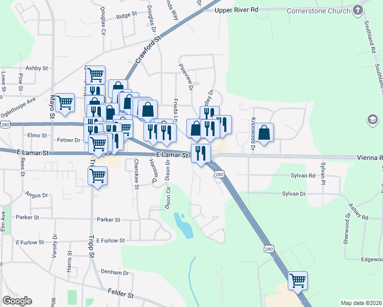 map of restaurants, bars, coffee shops, grocery stores, and more near 1608 East Forsyth Street in Americus