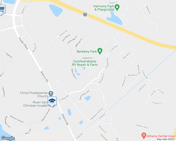 map of restaurants, bars, coffee shops, grocery stores, and more near 18 Belle Gate Court in Pooler