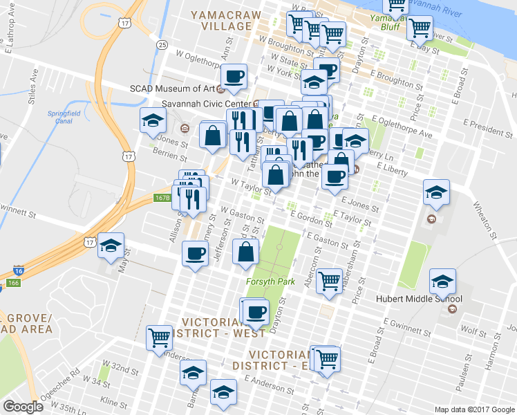 map of restaurants, bars, coffee shops, grocery stores, and more near 437 Barnard Street in Savannah