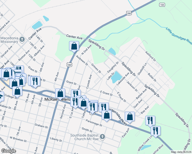 map of restaurants, bars, coffee shops, grocery stores, and more near 28 East Andrews Street in McRae-Helena