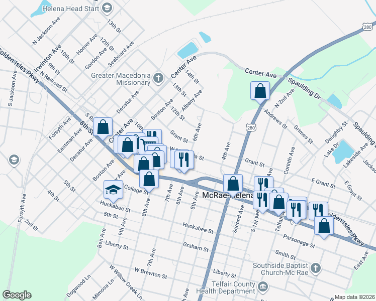 map of restaurants, bars, coffee shops, grocery stores, and more near 92 West Magnolia Street in McRae-Helena