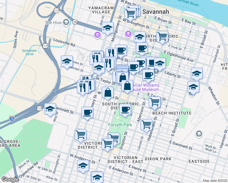 map of restaurants, bars, coffee shops, grocery stores, and more near 437 Barnard Street in Savannah