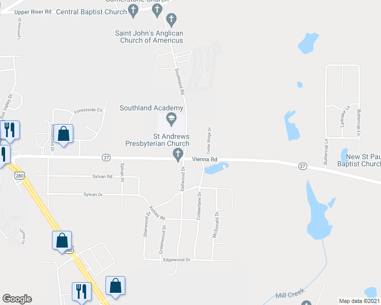map of restaurants, bars, coffee shops, grocery stores, and more near 265 Georgia 27 in Americus