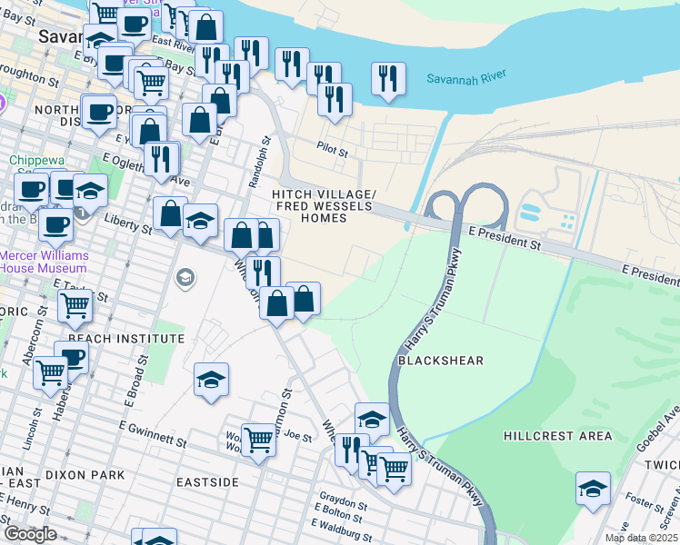 map of restaurants, bars, coffee shops, grocery stores, and more near 998-900 Olga Court in Savannah