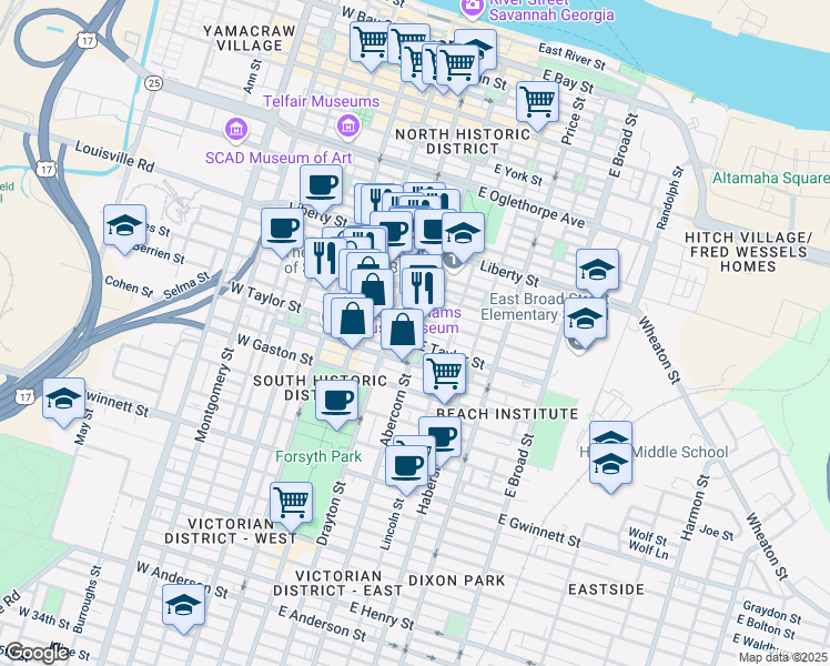 map of restaurants, bars, coffee shops, grocery stores, and more near 411 Abercorn Street in Savannah
