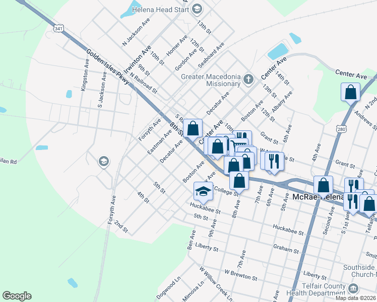 map of restaurants, bars, coffee shops, grocery stores, and more near 707 Center Avenue in McRae-Helena