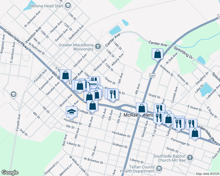 map of restaurants, bars, coffee shops, grocery stores, and more near 92 West Magnolia Street in McRae-Helena
