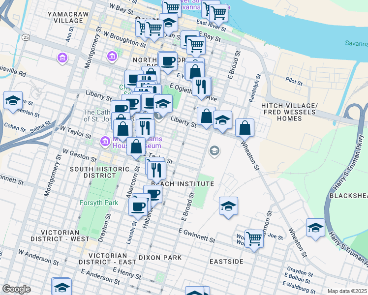 map of restaurants, bars, coffee shops, grocery stores, and more near 507 East Charlton Street in Savannah