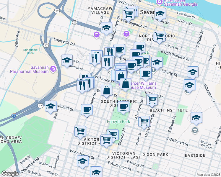 map of restaurants, bars, coffee shops, grocery stores, and more near 437 Barnard Street in Savannah