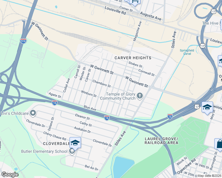 map of restaurants, bars, coffee shops, grocery stores, and more near 903 Crosby Street in Savannah