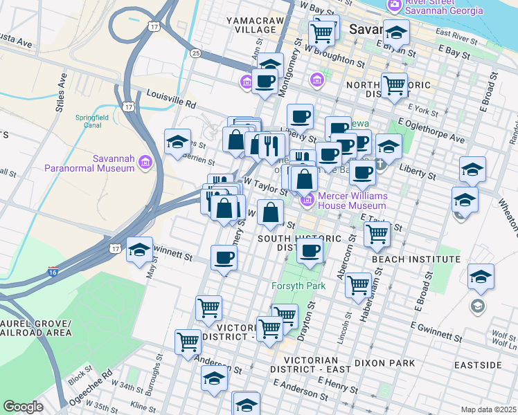 map of restaurants, bars, coffee shops, grocery stores, and more near 309 Alice Street in Savannah