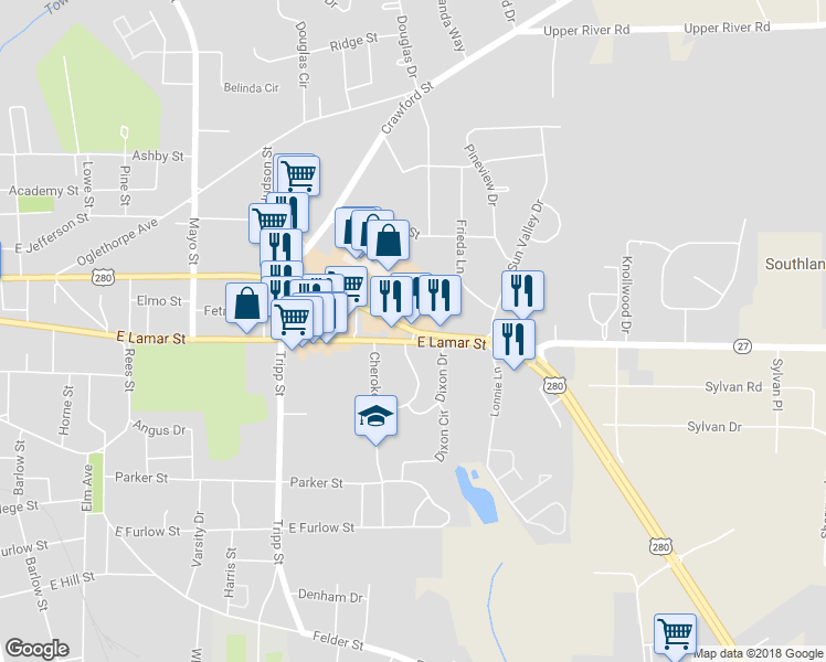 map of restaurants, bars, coffee shops, grocery stores, and more near 1506 West Forsyth Street in Americus