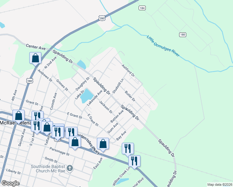 map of restaurants, bars, coffee shops, grocery stores, and more near 8 Studstill Lane in McRae-Helena