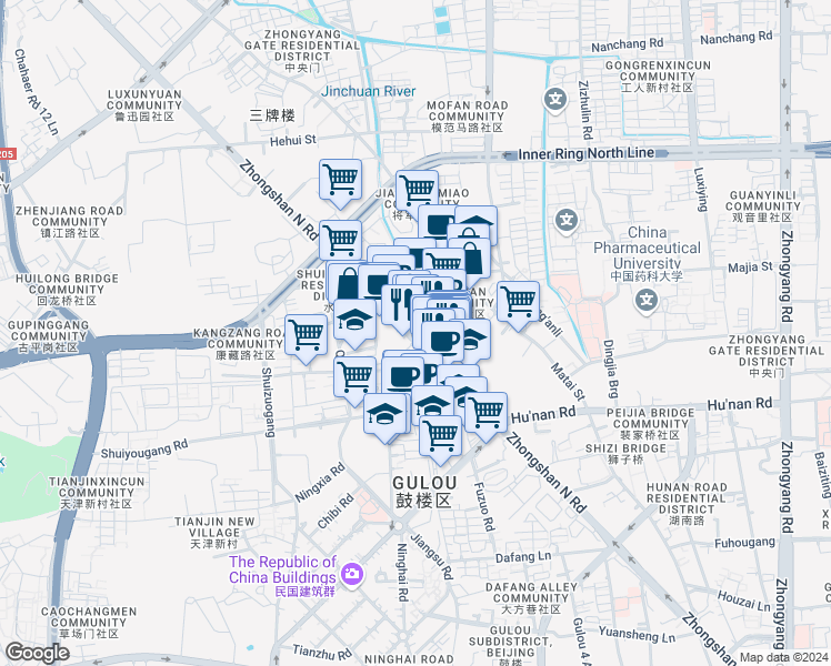 map of restaurants, bars, coffee shops, grocery stores, and more near 178-1 Zhongshan North Road in Nanjing Shi