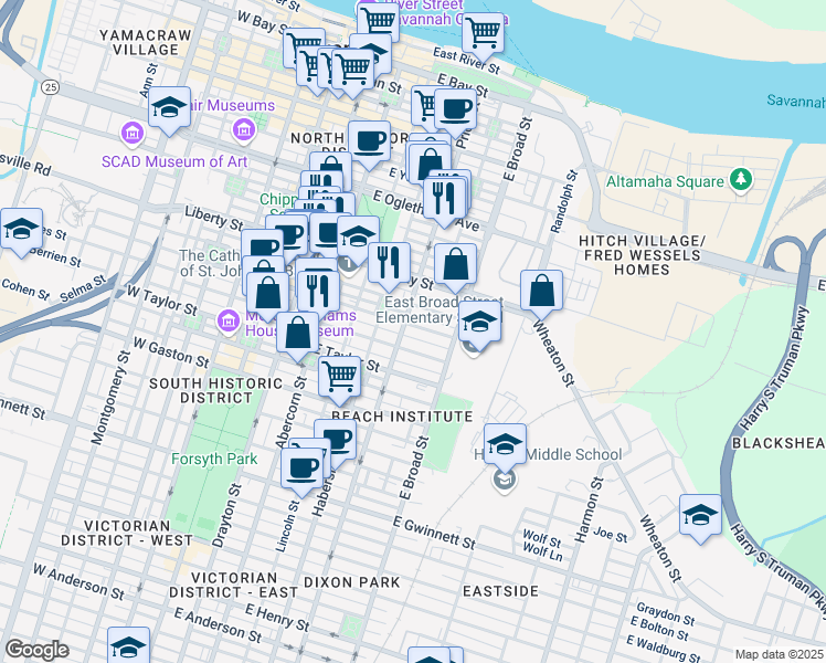 map of restaurants, bars, coffee shops, grocery stores, and more near 507 East Charlton Street in Savannah
