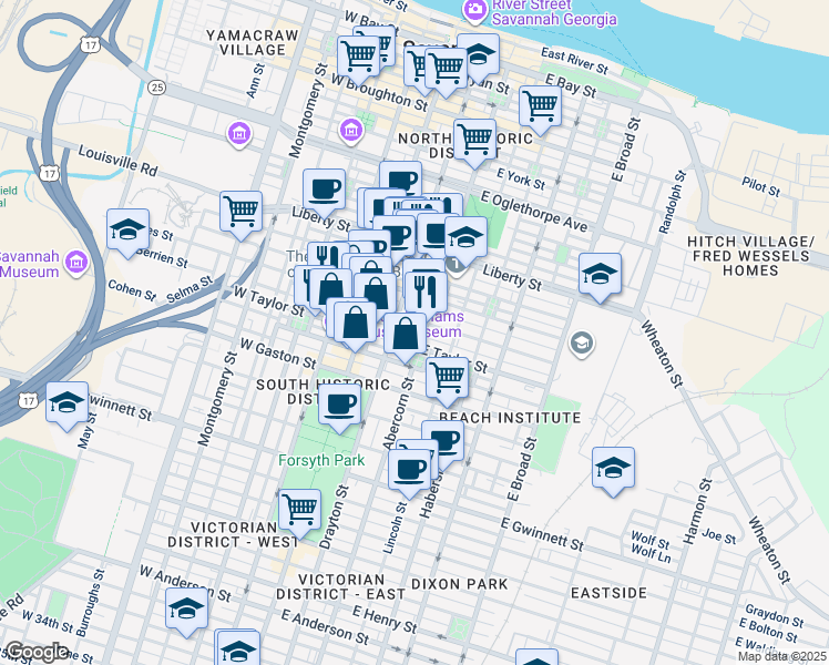 map of restaurants, bars, coffee shops, grocery stores, and more near in Savannah