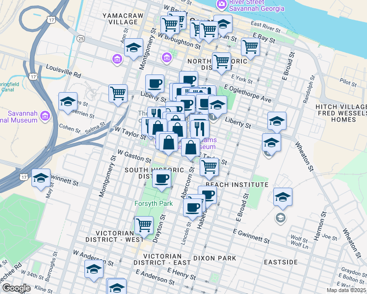map of restaurants, bars, coffee shops, grocery stores, and more near in Savannah