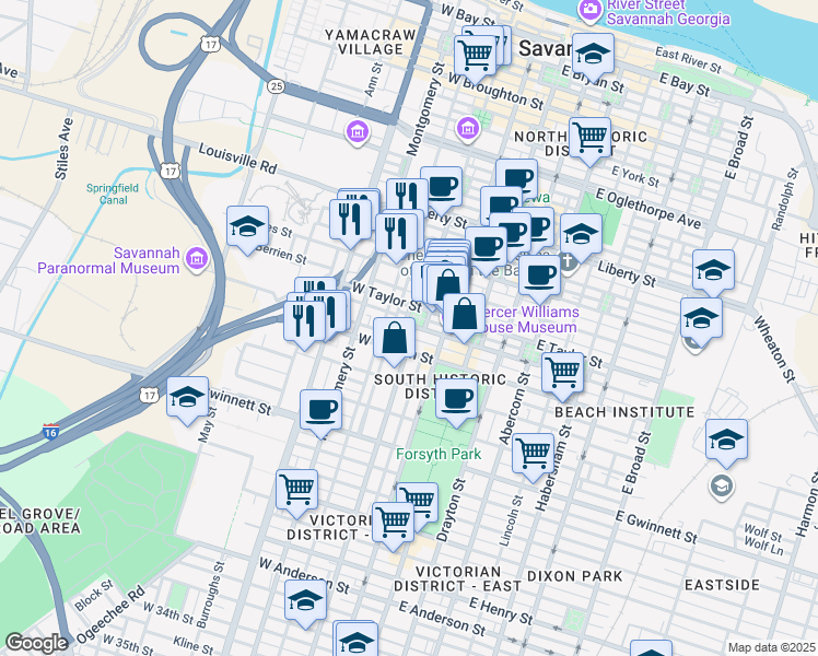 map of restaurants, bars, coffee shops, grocery stores, and more near 437 Barnard Street in Savannah