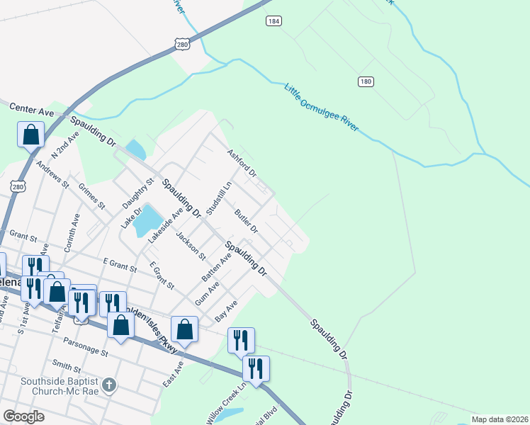map of restaurants, bars, coffee shops, grocery stores, and more near 804 Grant Street in McRae-Helena
