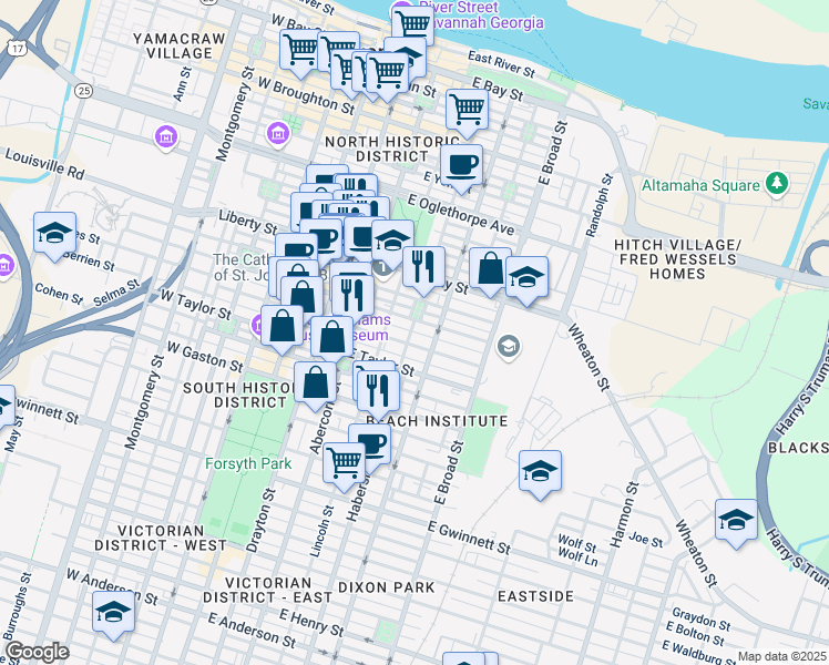 map of restaurants, bars, coffee shops, grocery stores, and more near 320 East Jones Street in Savannah