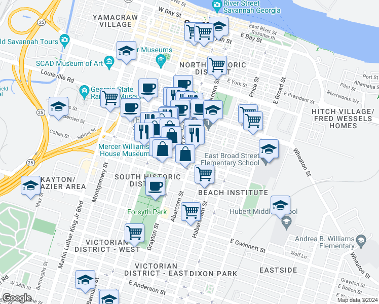 map of restaurants, bars, coffee shops, grocery stores, and more near in Savannah