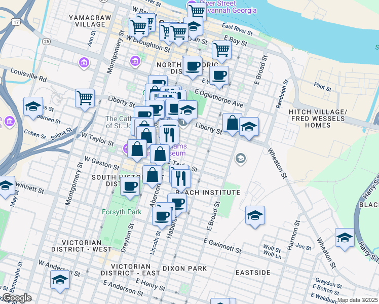 map of restaurants, bars, coffee shops, grocery stores, and more near 310 East Jones Street in Savannah
