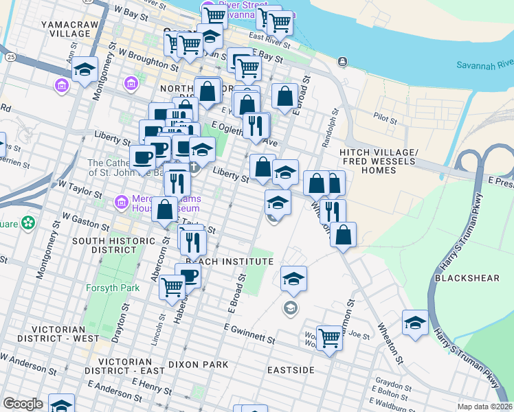 map of restaurants, bars, coffee shops, grocery stores, and more near 554 East Charlton Street in Savannah
