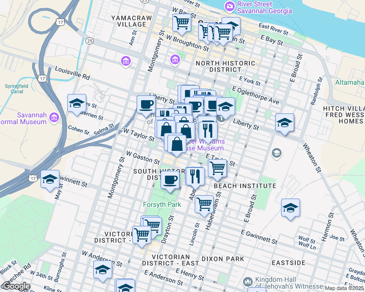 map of restaurants, bars, coffee shops, grocery stores, and more near 2 East Taylor Street in Savannah