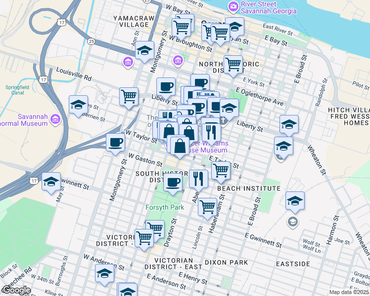 map of restaurants, bars, coffee shops, grocery stores, and more near 2 East Taylor Street in Savannah