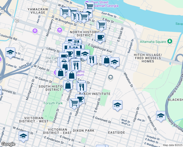 map of restaurants, bars, coffee shops, grocery stores, and more near 320 East Jones Street in Savannah