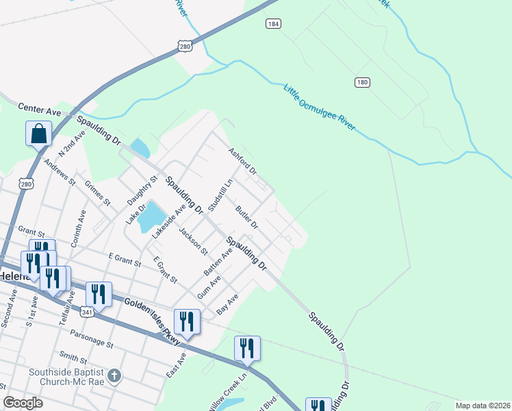 map of restaurants, bars, coffee shops, grocery stores, and more near 804 Grant Street in McRae-Helena
