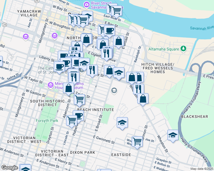 map of restaurants, bars, coffee shops, grocery stores, and more near 554 East Charlton Street in Savannah