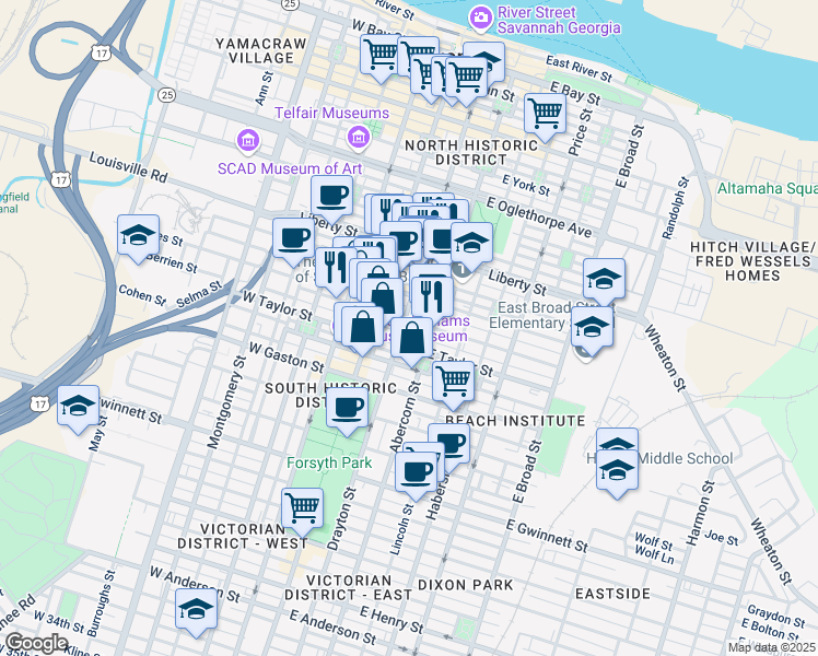 map of restaurants, bars, coffee shops, grocery stores, and more near in Savannah