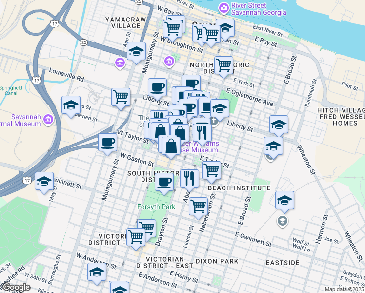 map of restaurants, bars, coffee shops, grocery stores, and more near 2 East Taylor Street in Savannah
