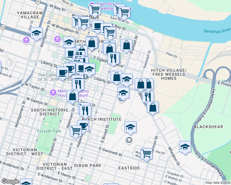 map of restaurants, bars, coffee shops, grocery stores, and more near 554 East Charlton Street in Savannah